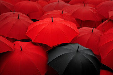 Unique Black Umbrella Among Red. Black umbrella among red ones creates a bold, contrasting pattern. Ideal for content about uniqueness, standing out, or rainy days.