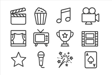Entertainment line icon set. Cinema, movie, music symbols. Film clapperboard, popcorn, camera, microphone, theater stage. TV, award trophy, star, fireworks, playing card.