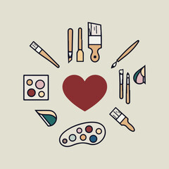 National Day of Arts in Care Homes vector set with symbolic art tools, abstract creativity, intergenerational sharing, and visual storytelling showing art’s impact on elderly wellbeing.