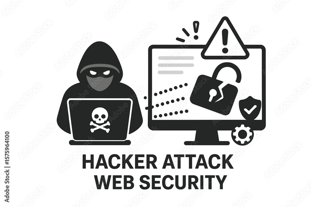 Poster hacker attack concept vector icon. cyber crime and web security metaphor. anonymous man with laptop.