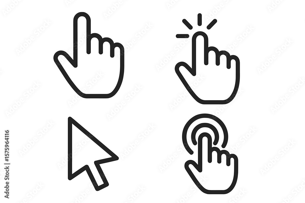 Fototapete Hand click pointer vector icons set. Computer cursor and clicking finger collection. Website UI and UX interface button symbol. Graphic for web design and mobile app.