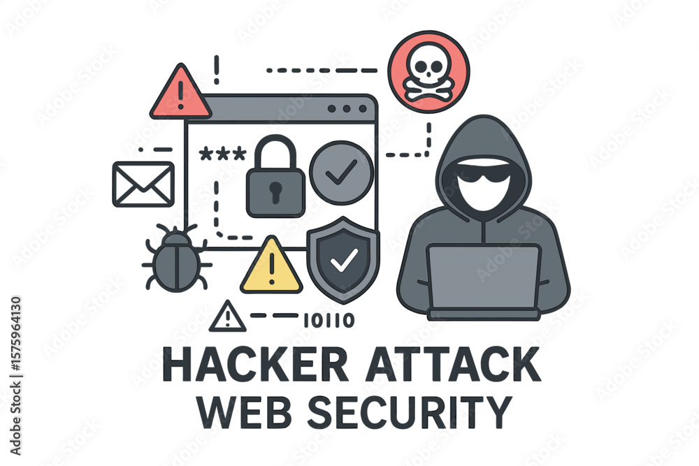 Poster hacker attack and web security concept. cybersecurity thin line icon. internet crime, phishing, viru