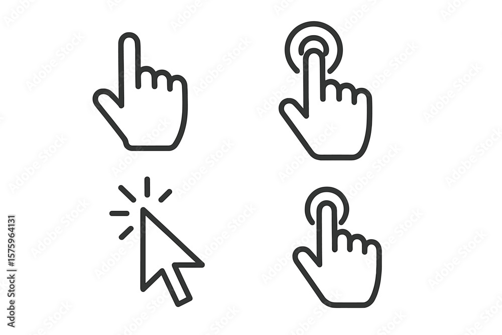 Poster Hand click vector icons set. Website computer interface button for web design. Vector symbols collection of pointer, cursor, clicking finger, press and tap gesture icons.
