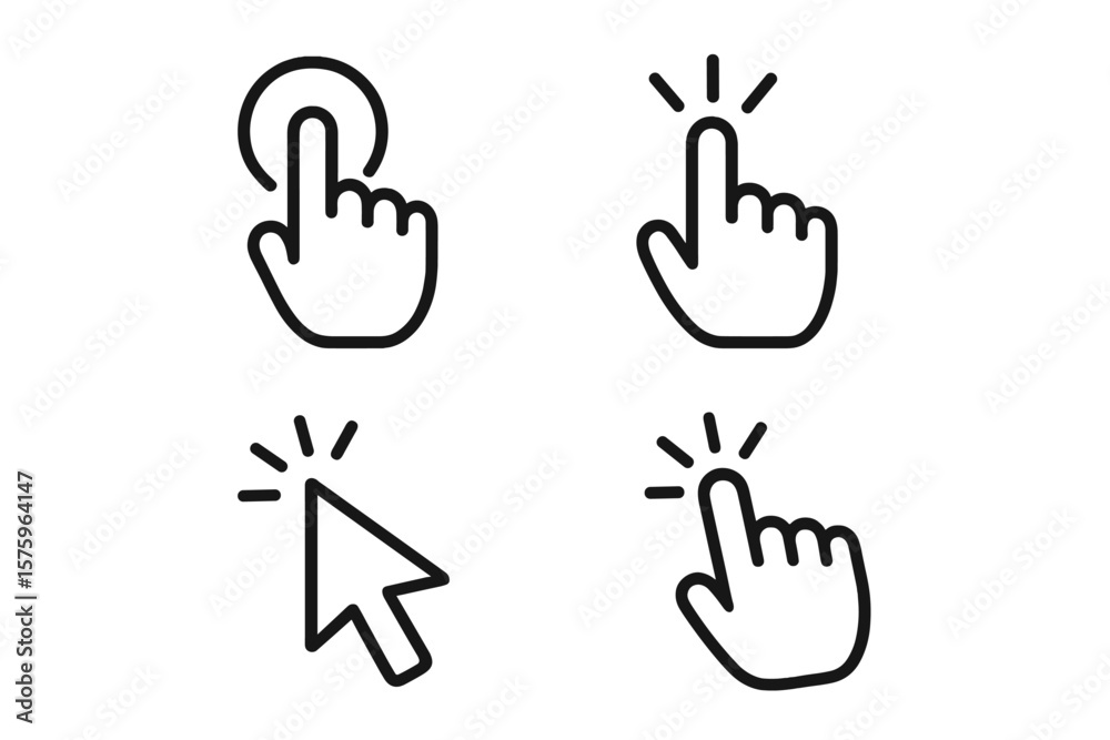Fototapete hand cursor and arrow pointer clicking vector icon set. finger tap symbol for computer interface, we