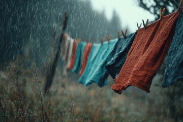 Colorful clothes hanging on a line in the rain, surrounded by a misty forest backdrop