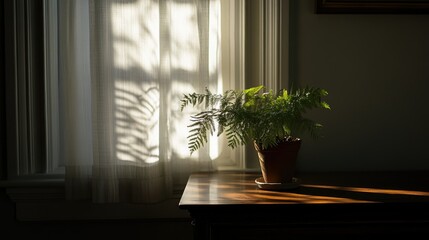 Sunlight streams through a window onto a fern plant.
