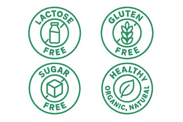 Set of 4 Healthy Food Labels. Lactose Free, Gluten Free, Sugar Free, Healthy Organic Natural. Allergen-Free Icons for Packaging, Stickers for Clean Eating, Diet, Wellness, Nutrition
