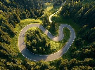 Beautiful, winding asphalt road in the mountains, with a green forest and meadow in the background. Summertime. Beautiful natural landscape of northern Italy. Panorama. Stock photo contest winner, pho
