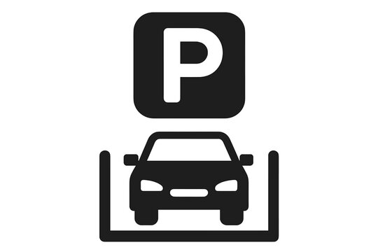 Simple black car parking sign icon. Automobile in a designated parking lot space symbol. Flat vector pictogram for web or app. Transport and traffic road sign concept.