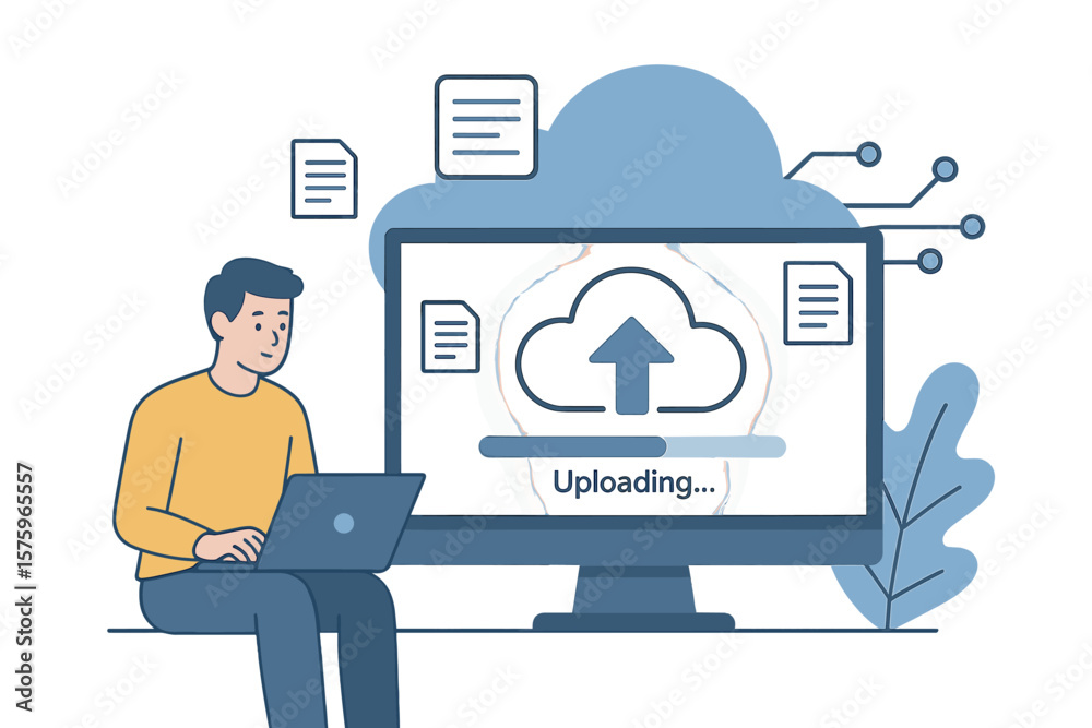 Aufkleber cloud computing technology. man with laptop during file uploading process to online server for data 