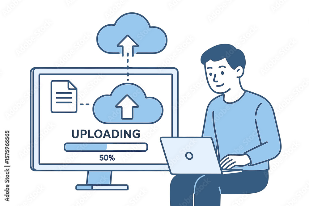 Aufkleber cloud computing concept. man uploading file to data storage. information processing and backup. onli