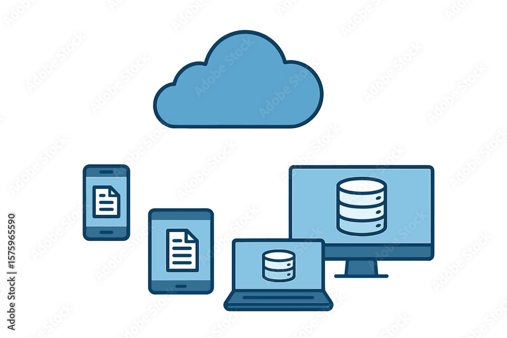 Poster cloud computing vector concept. data storage and synchronization between devices. smartphone, tablet