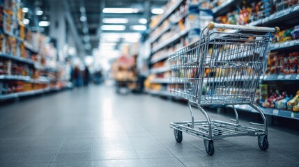 Shopping cart with groceries in supermarket aisle, retail concept