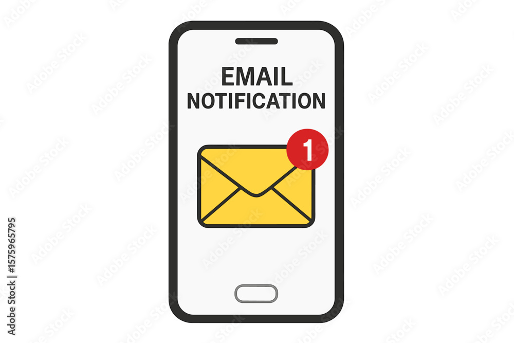 Poster new email notification on smartphone screen. unread message alert on mobile phone. mail app icon wit