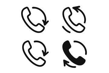 Obraz premium Phone Call Rotation Arrow Icon Set. Incoming and Outgoing Call Symbols. Handset with Circular Arrow. Mobile Communication, Call Transfer, Redial, Repeat, Refresh Concept. Vector Isolated