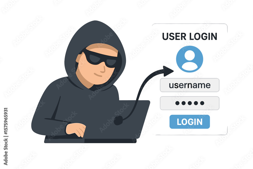 Poster hacker with laptop stealing user login and password. cybercrime concept. phishing scam and internet 