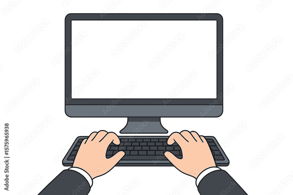 Fototapete First person view of businessman hands typing on computer keyboard. Blank monitor screen for mockup. Concept of office work, coding, programming, online education, data entry.