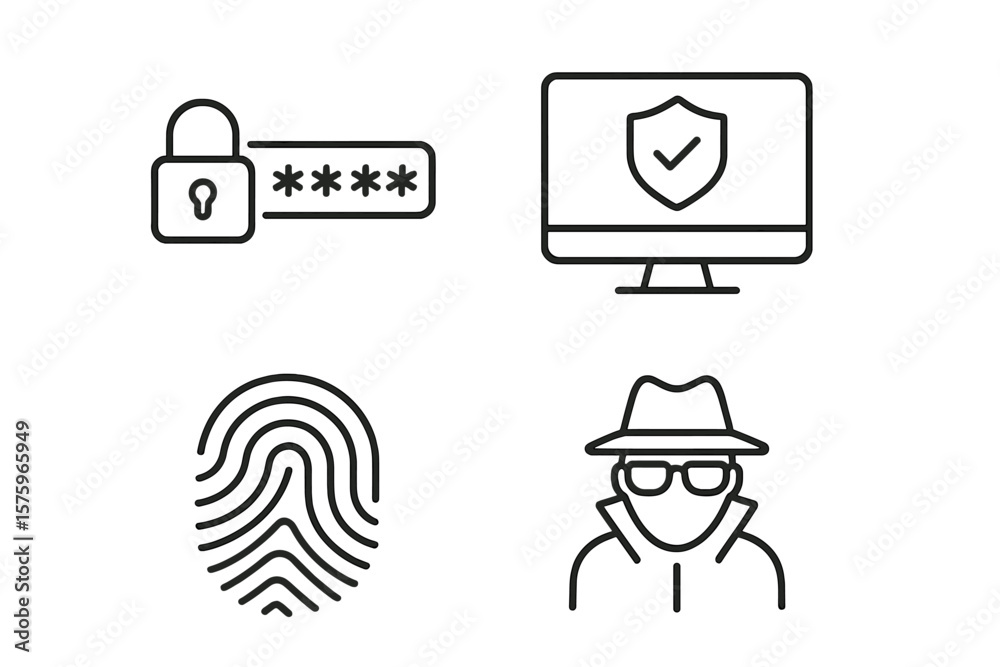Poster cyber security line icons set – password protection, security system, fingerprint authentication, sp