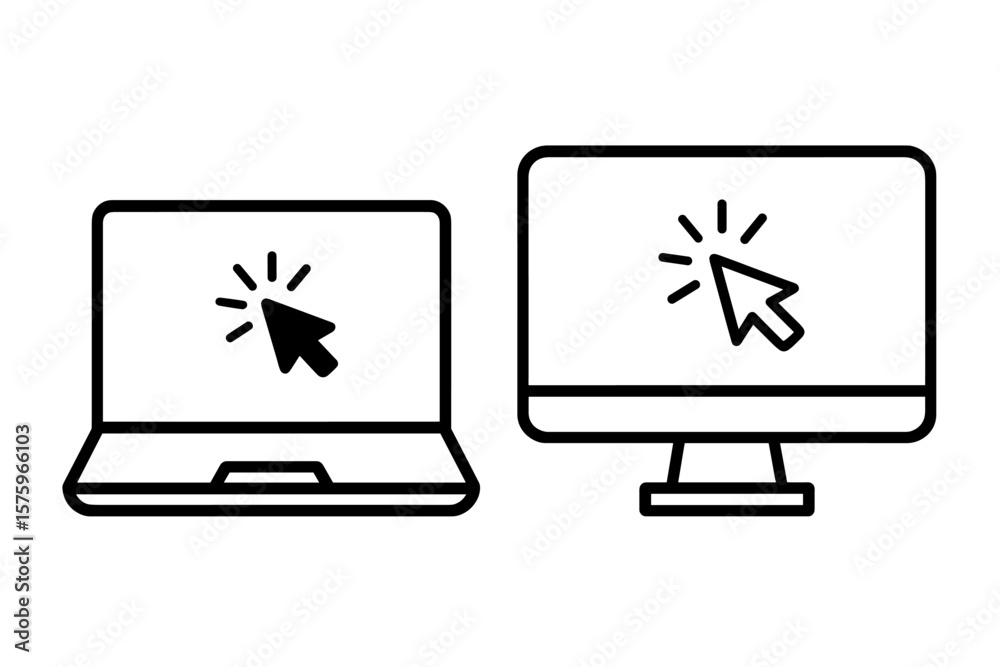 Fototapete Laptop and Desktop Computer with Click Cursor Icon. Device Interaction Concept. Click Pointer Symbol on Notebook and Monitor Screen. User Interface, Web Navigation, Graphic Design, Touch Here for Link