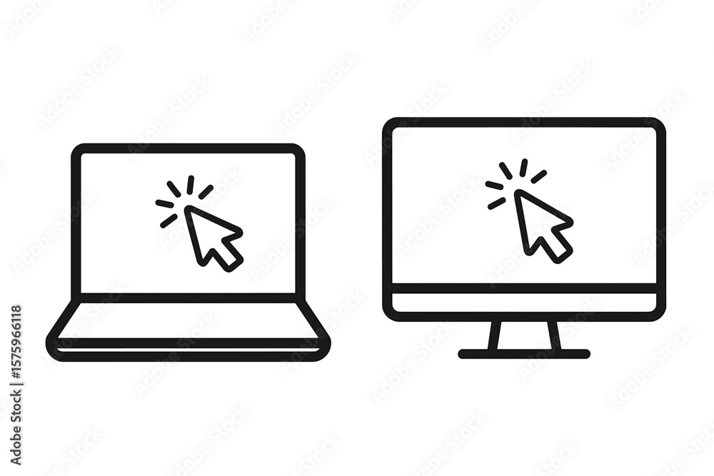 Fototapete Laptop and Desktop Computer with Click Cursor Icon. Device Interaction, Pointer Click, Notebook and Monitor Screen, Graphic Design, Touch for Link, Technology Concept
