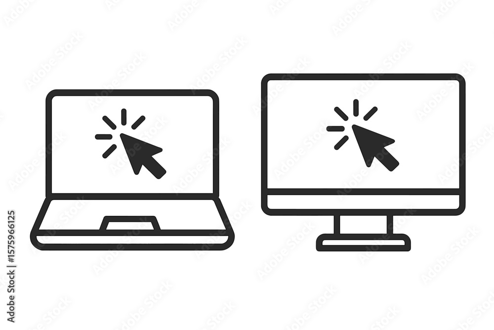 Fototapete Laptop and Desktop Computer with Click Cursor Icon. Device Interaction Symbol. Notebook and Monitor Screen for Graphic Design, User Interface, Web Navigation, Click Here Link Concept