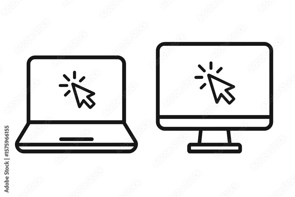 Aufkleber laptop and desktop computer with click cursor icon. device interaction concept. notebook screen, mon