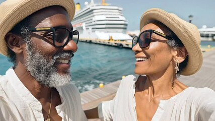 pareja senior de piel morena afroamericanos, con gafas de  sol, sombreros de paja y blusas blancas, posando a la camara y hablando, con fondo de puerto, mar y un barco de crucero grande blanco.  - Powered by Adobe