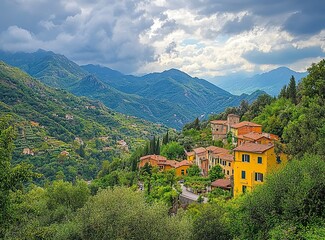 Beautiful, winding asphalt road in the green forest with mountains and clouds in the background, northern Italy. A scenic highway for car travel through the natural landscape of the Alps. Restaurant C