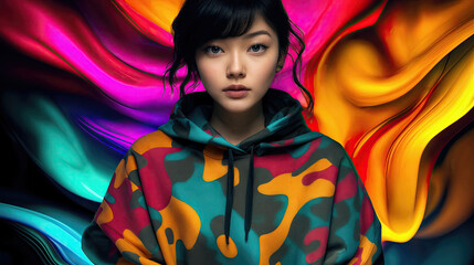  a person wearing a colorful camouflage hoodie against a vibrant, abstract background with swirling hues of pink, orange, and blue. The individual has wavy black hair and is looking at the camera.