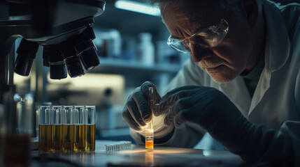 Focused scientist analyzing liquid samples under microscope