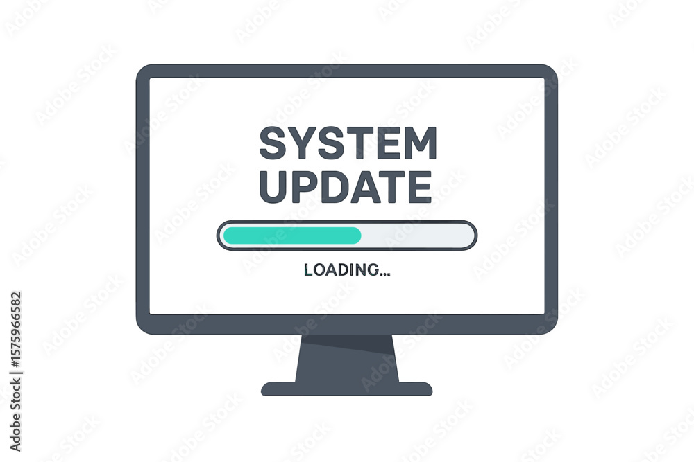 Poster computer monitor with system software update loading screen, progress bar, data upgrade, synchroniza
