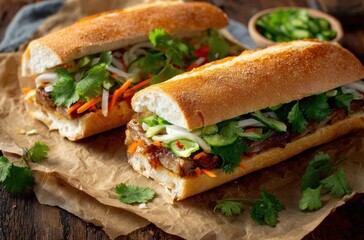 Obraz premium Vietnamese banh mi sandwich cut in half, served on parchment with