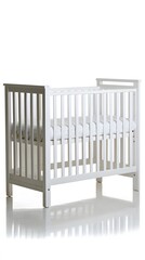White wooden baby crib with vertical slats, isolated on white