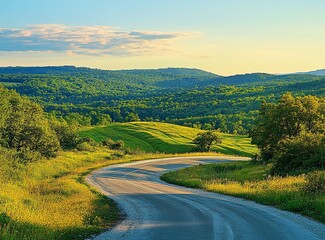 Beautiful, winding asphalt road in the mountains, with a green forest and meadow in the background. Summertime. Beautiful natural landscape of northern Italy. Panorama. Stock photo contest winner, pho