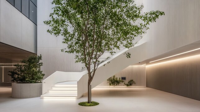 Modern, light-filled interior courtyard with a curving staircase.