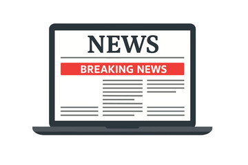 Online breaking news concept. Laptop screen displaying digital newspaper headline. Daily or weekly news update. Web page with urgent information, events, activities, journalism media