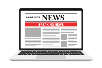 Breaking News Online Newspaper on Laptop Screen. Digital News Portal Interface. Reading Daily Headlines, Latest Updates, Information About Events, Activities, Web News Page