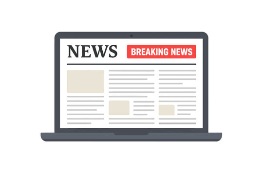 Online breaking news website on laptop screen. Digital newspaper front page. Reading daily or weekly news, articles, headlines, events, journalism, information, media concept
