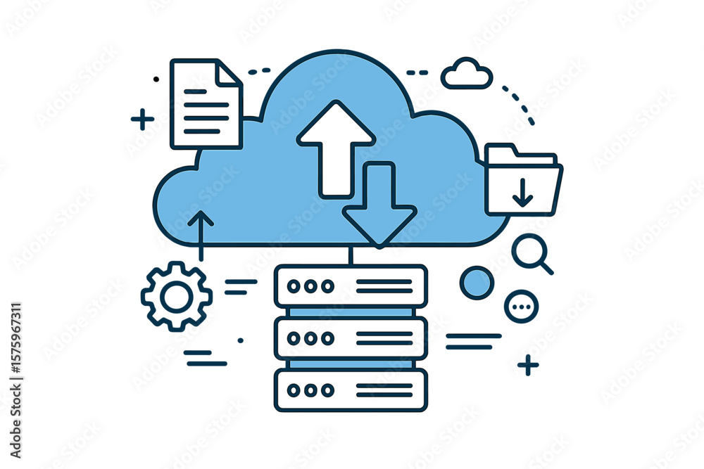 Poster cloud computing data center vector. web hosting service, secure database, file management, cloud sto