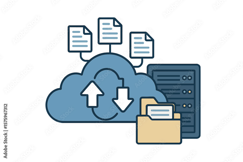 Poster cloud computing data center with file management, web hosting, document database, cloud storage, upl
