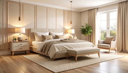 Elegant Bedroom Interior with Neutral Tones and Natural Light