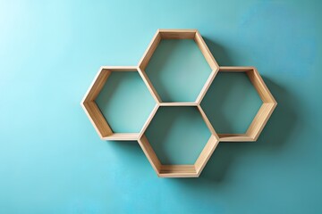 Hexagonal wooden shelf mounted on a teal wall