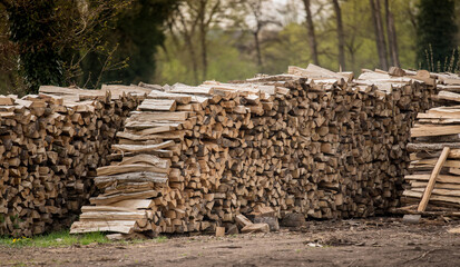 Dry oak wood ready for heating. Wooden logs stacked on top of each other. Stack of wood, firewood,...