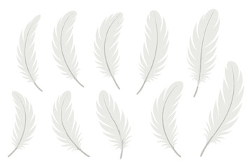 Realistic White Feather Collection. Soft Bird Plume Isolated Set. Elegant Light Feathers. Gentle Nature Symbol. Vector Illustration. Transparent Background. Decorative Design Elements.