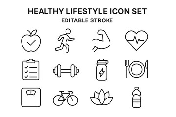 Healthy Lifestyle Icon Set. Editable Stroke. Fitness, Nutrition, Exercise, Wellness, Heart Health, Muscle, Checklist, Dumbbell, Water Bottle, Diet, Weight, Cycling, Yoga, Hydration