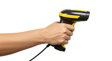 Person holding barcode scanner with yellow and black design isolated