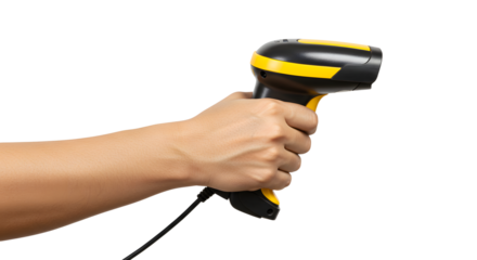 Person holding barcode scanner with yellow and black design isolated