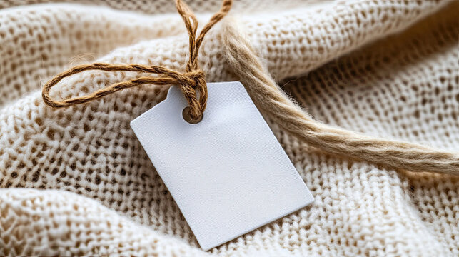 White care tag on heavy cotton fabric shirt background with visible thread 