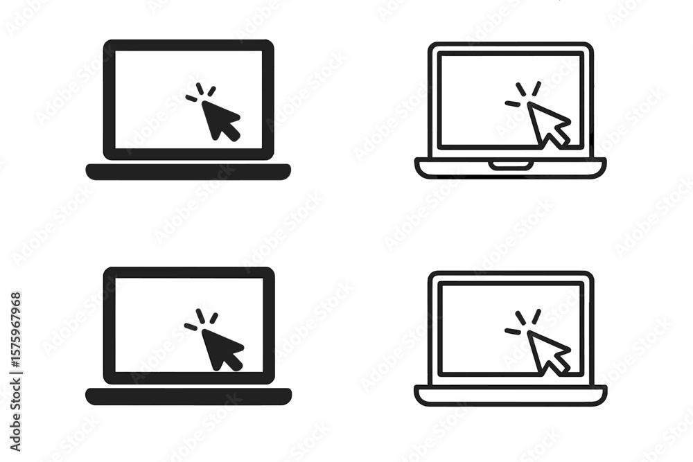 Poster laptop computer monitor icons with cursor pointer click symbol, set of 4 styles, notebook screen, di