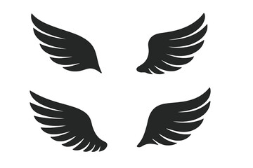 Fototapeta premium Black Angel and Bird Wings Icon Set. Four Silhouette Wing Designs. Vector Collection of Wing Elements, Feathered, Stylized, Isolated, Decorative, for Tattoo, Logo, Fantasy, Transparent Background